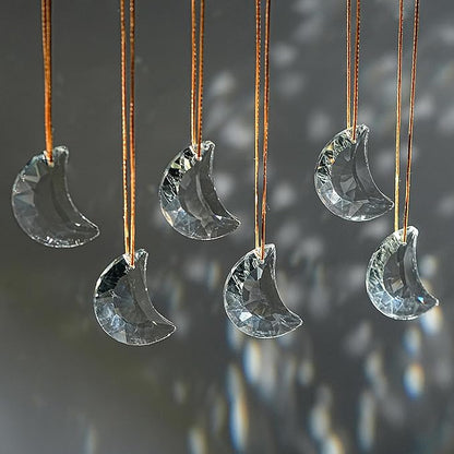 Set of 6 Crystal Glass Hanging Ornaments Clear Faceted Crystal Moon Prisms Ornaments for Window Home Car Wedding Party Decor