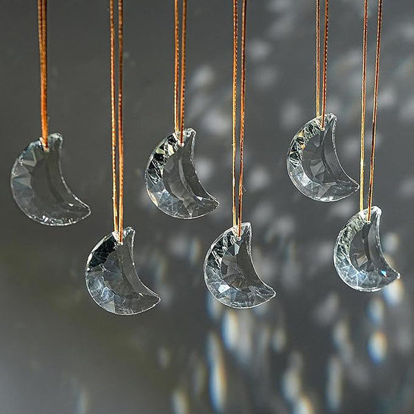 Set of 6 Crystal Glass Hanging Ornaments Clear Faceted Crystal Moon Prisms Ornaments for Window Home Car Wedding Party Decor