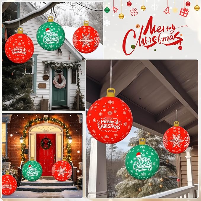 Flasoo 3 Pack Giant Christmas Ornaments, 24 Inch Inflatable Ornaments Balls Outdoor for Christmas Decorations, Giant Outdoor Jingle Bells for Front Door Yard Tree Hanging Decoration