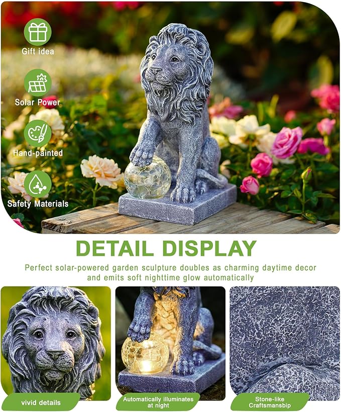 Nacome Guardian Lion Garden Decor: Outdoor Decoration Statue with Ball Lights for Yard Art Porch Patio Balcony - Unique Birthday Choice for Women Mom Lover(9.45in)
