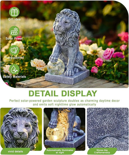 Nacome Guardian Lion Garden Decor: Outdoor Decoration Statue with Ball Lights for Yard Art Porch Patio Balcony - Unique Birthday Choice for Women Mom Lover(9.45in)