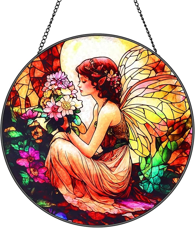 Butterfly Flower Fairy Stained Glass Window Hanging Suncatcher with Chain - 7.9" Outdoor/Indoor Art Decor for Home Garden,Wedding, Mother's, Valentine's, Birthday & Christmas Ornaments Present