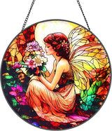 Butterfly Flower Fairy Stained Glass Window Hanging Suncatcher with Chain - 7.9" Outdoor/Indoor Art Decor for Home Garden,Wedding, Mother's, Valentine's, Birthday & Christmas Ornaments Present