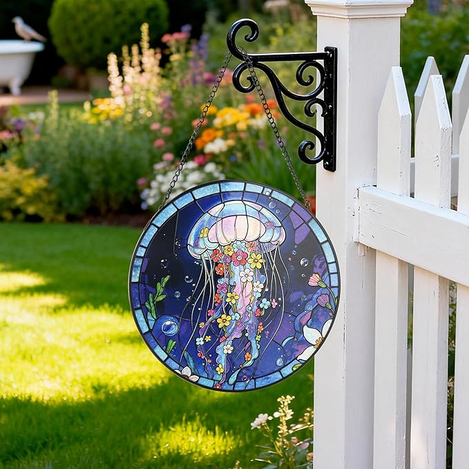 Stained Glass Window Hanging, Blue Jellyfish & Flowers Circular Painted Glass Suncatcher with Chain & Suction Cup for Home Garden Door Decor, Birthday for Women Men Mom 7.8 in