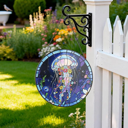 Stained Glass Window Hanging, Blue Jellyfish & Flowers Circular Painted Glass Suncatcher with Chain & Suction Cup for Home Garden Door Decor, Birthday for Women Men Mom 7.8 in