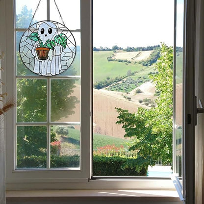 Cute Ghost Plant Stained Glass Sun Catcher Window Hanging Plant Lovers Gifts for Women Wall Decor Handmade SunCatcher Decoration for Garden Home Decor, 7.87inch