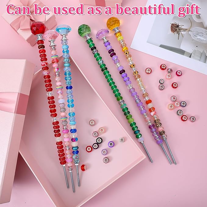 218Pcs Fairy Wands Kit, DIY Fairy Wand Beaded Garden Stake Kit, Garden Stake Decorative Outdoor Beadable Items, with 200 pcs Sparkling Crystal Beads, 6 Crystal Stopper Top, 6 Threaded Rod and Nuts