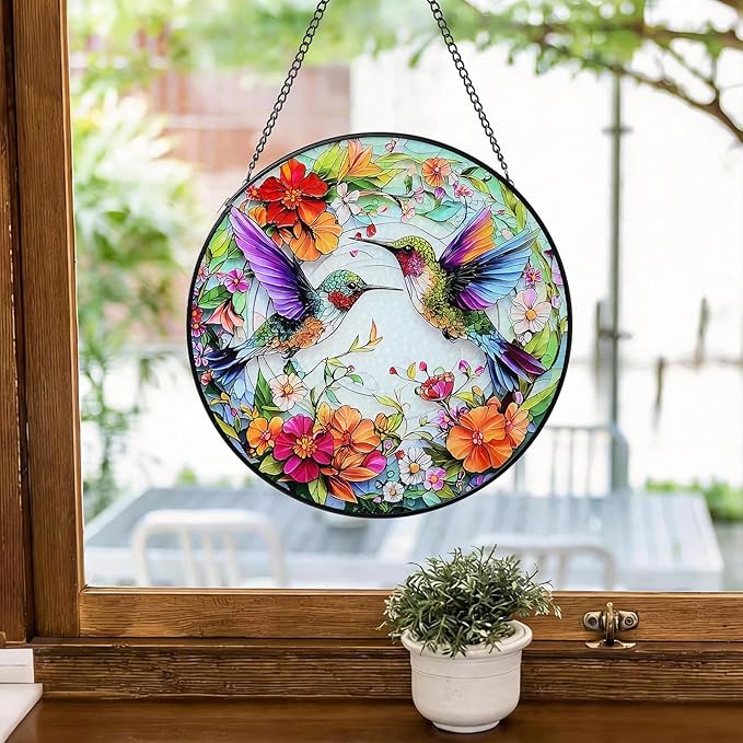 Stained Glass Window Hanging Hummingbird Sun Catcher Indoor and Outdoor, Window Garden Decor Art, Stained Glass Suncathers, Hummingbird Gifts for Women,Mom, Grandma and Wife 7.8’’ Green