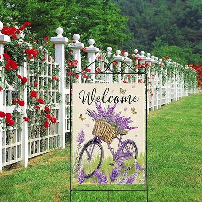 Artofy Welcome Spring Summer Bike Large Decorative House Flag, Bicycle Lavender Flower Floral Yard Garden Outside Decor, Seasonal Butterfly Burlap Outdoor Home Decoration Double Sided 28 x 40