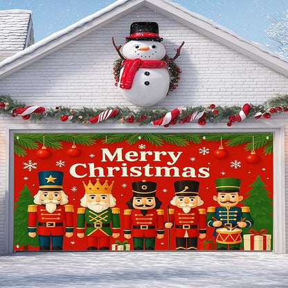 IVN Christmas Garage Door Cover Decoration 13x6ft Nutcracker Lineup Green Accents Red Banner Merry Christmas Garage Door Banner Home Door Front Yard Decor for Xmas Eve Holiday Outdoor