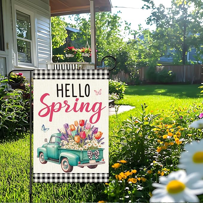 Hello Spring Garden Flag for Outside, Spring Flowers Truck Garden Flag Yard Flags for Lawn Porch Outdoor Decorations 12x18 Inch Double Sided