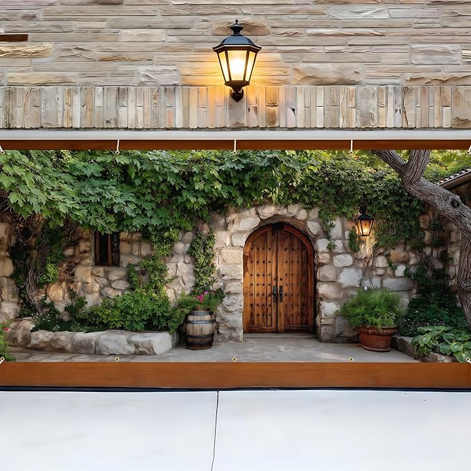Garage door banner cover, 6x13 ft old stone house features ivy background, Large Outdoor Backyard Landscape Decoration (Stone House)