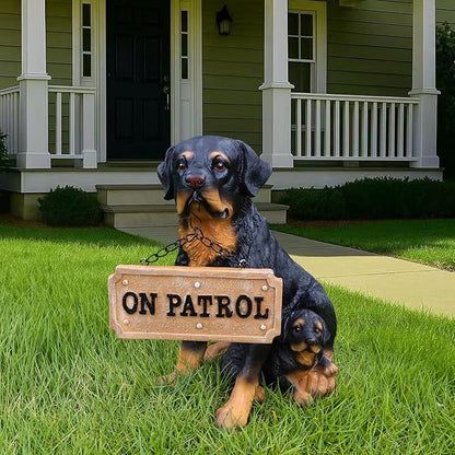 Rottweiler Dog Garden Statue with Solar Lantern & A Double-Sided Sign (Welcome/On Patrol), 11.4" Outdoor Resin Puppy Sculpture Yard Art Decor for Patio Lawn Porch, Dog Lover Gift