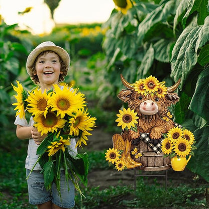 Amyhill Highland Cow Outdoor Decor Metal Garden Stakes Summer Sunflowers Yard Signs Farmhouse Floral Cattle Waterproof Lawn Sign Outdoor Decorations for Summer Holiday Garden Lawn Decor