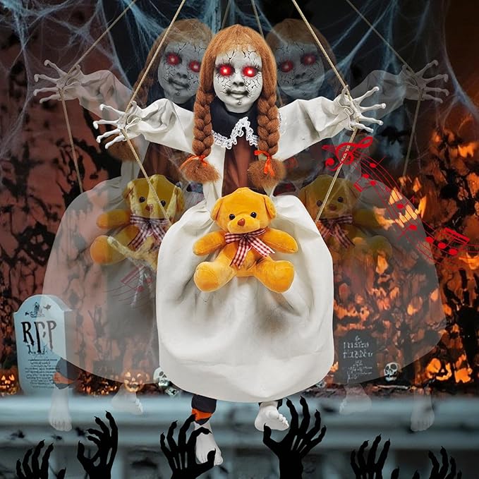 Outdoor Hanging Swinging Girl Halloween Decorations,Lighted Creepy Doll Halloween Dolls Scary Props for Garden Yard Lawn and Haunted House Decorations