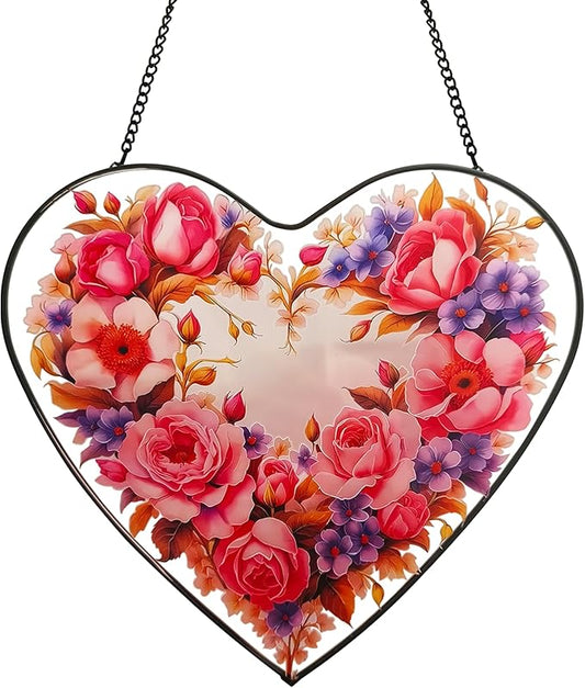 Heart - Shaped Pink Rose Stained Glass Window Hanging, 25cm/9.8in Sun Catcher for Home Garden Decor, Gift for Valentine's Day, Mother's Day (Rose)