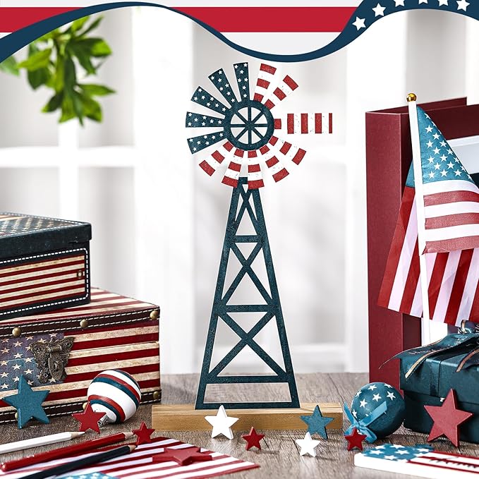 Tandefio 1 Pcs Patriotic Farmhouse Windmill Table Top 11.8 Inch Metal Rustic 4th of July Vintage Desk Shelf Decor Farmhouse American Red White Blue Windmill for 250th Anniversary Memorial Day Home