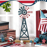 Tandefio 1 Pcs Patriotic Farmhouse Windmill Table Top 11.8 Inch Metal Rustic 4th of July Vintage Desk Shelf Decor Farmhouse American Red White Blue Windmill for 250th Anniversary Memorial Day Home