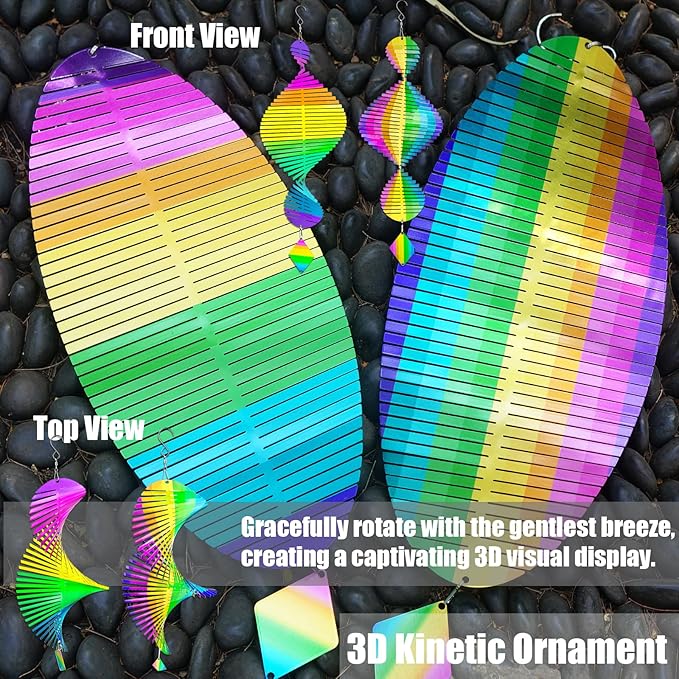 2pcs in Set Gradient Rainbow Helix Metal Wind Spinners for Yard and Garden,12 Inch 3D Stainless Steel Hanging Kinetic Yard Art Wind Sculpture Decor Outdoor Indoor (Cold Pattern)