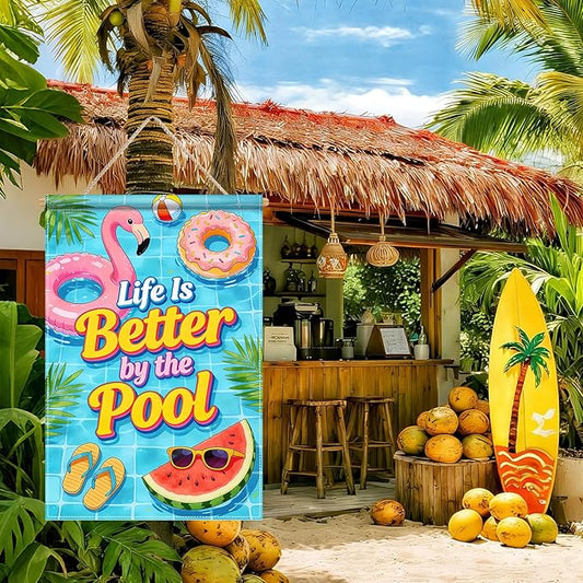 BlissYard Life Is Better By The Pool Garden Flag 12x18 Double Sided Vertical Outdoor Summer Poolside Decor Flamingo Donut Float Tropical Yard Lawn Patio Banner