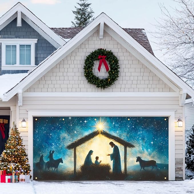 HOMETITUTE Christmas Garage Door Banner 13x6ft Holy Nativity Theme Backdrop Holiday Seasonal Decor Winter Door Cover Banners for Outside Garage Wall Covering for Party Garage Decorations