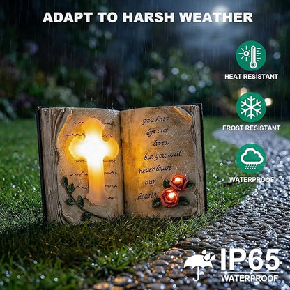 Candieslife Outdoor Solar Memorial Cross Stakes Lights, Waterproof Book Statue Grave Decorations Sympathy Gifts for Cemetery Garden Lawn Yard Patio Home Decor