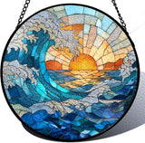 Stained Glass Sun Catcher Window Hanging - Blue Wave and Sunlight Design, Well Made Indoor Home Decor for Mother's Day, Birthday, Christmas for Women, Men, Mom (Blue Wave) 7.8in