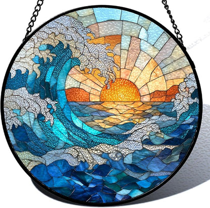 Stained Glass Sun Catcher Window Hanging - Blue Wave and Sunlight Design, Well Made Indoor Home Decor for Mother's Day, Birthday, Christmas for Women, Men, Mom (Blue Wave) 7.8in