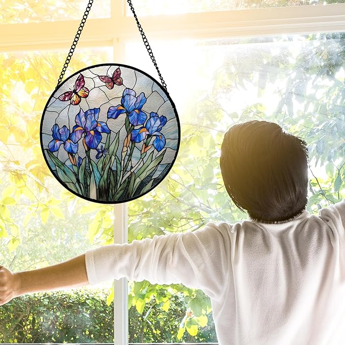 DASTOLL Stained Glass Window Hanging, Blue Iris Flowers Butterfly Suncatcher Diamond Colorful Glass Panel Sun Catchers Decor for Birthday for Women, Men, Wife, Aunt, and Mom 11.8 in