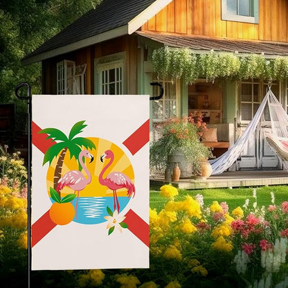 Florida Garden Flag Outdoor with Flamingos Palm Tree Orange Blossom Sunset Tropical Beach Scene House Banner Welcome Summer Spring Yard Porch Patio Seasonal Decoration Miami Vibes 12x18 Inch