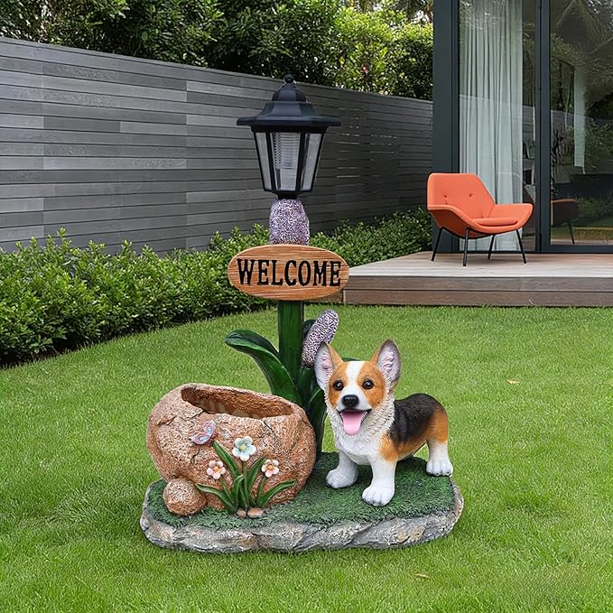 20" Solar Corgi Garden Statue with Welcome Sign & Planter - Large Dog Sculpture with LED Street Lantern - Weatherproof Resin Decorative Flower Pot for Porch, Yard & Patio - Pet Lover Gift