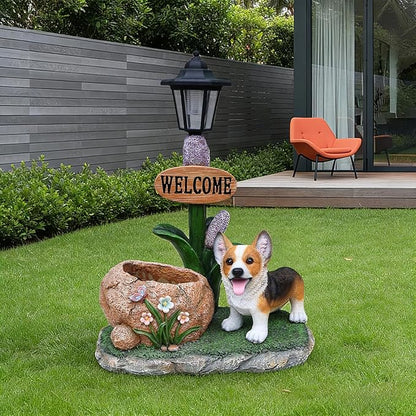 20" Solar Corgi Garden Statue with Welcome Sign & Planter - Large Dog Sculpture with LED Street Lantern - Weatherproof Resin Decorative Flower Pot for Porch, Yard & Patio - Pet Lover Gift