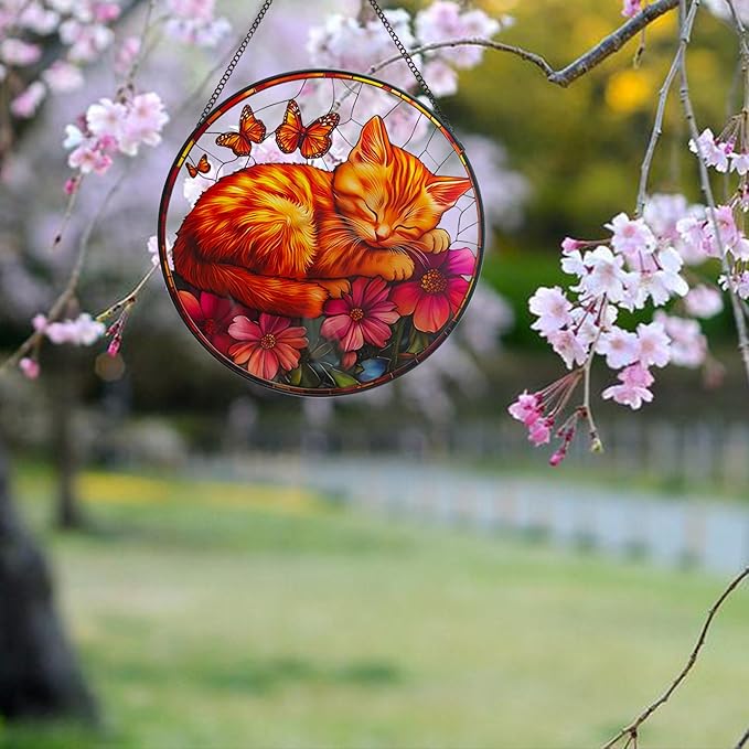 Cat Pattern Suncatcher Stained Glass for Kitty Lovers, Stain Glass Windows Hanging 9.8'' Painted Sun Catcher Hangings Sleeping Cat Home Decor Gift for Women