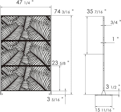 Kozyard Metal Privacy Screen 74" H x 47.2" W Decorative Outdoor Divider with Stand Panels Freestanding Screen Set for Deck Patio Balcony Garden Outdoor&Indoor (Black/Palm Leaf)