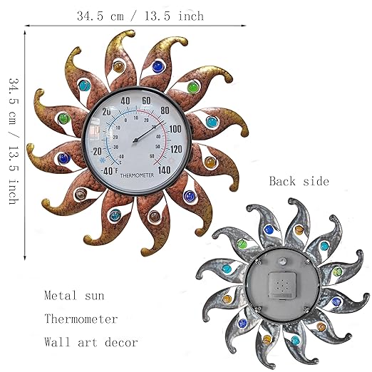 Metal Sun Thermometer Indoor Outdoor Wall Art Decor, Sun with Glass Ball Plaque Sculpture Hanging Mounted for Living Room Bedroom Kitchen Workroom Patio Garden, No Battery Required