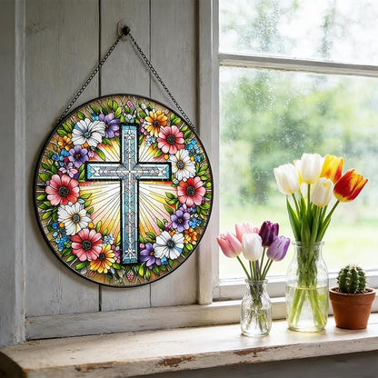 Cross Flower Suncatcher Stained Glass Window Hanging, Christian Wildflower Sunset Landscape Sun Catchers Indoor Window Glass Round Wall Decor, Religious Wall Art Hanging Decorations Statues