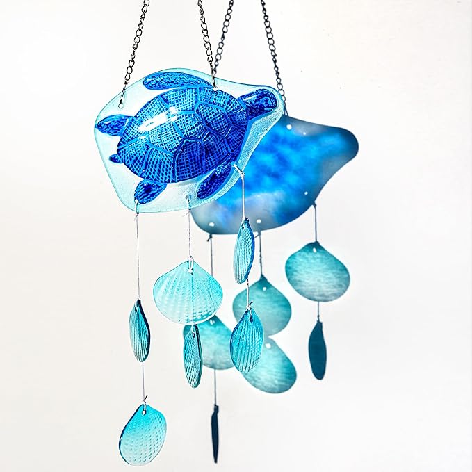 H&D HYALINE & DORA 20 Inch Glass Sea Turtle Wind Chimes Blown Glass Seashell Wind Chimes for Outside Handmade Wind Chime Decorative for Living Room, Bedroom, Beach House