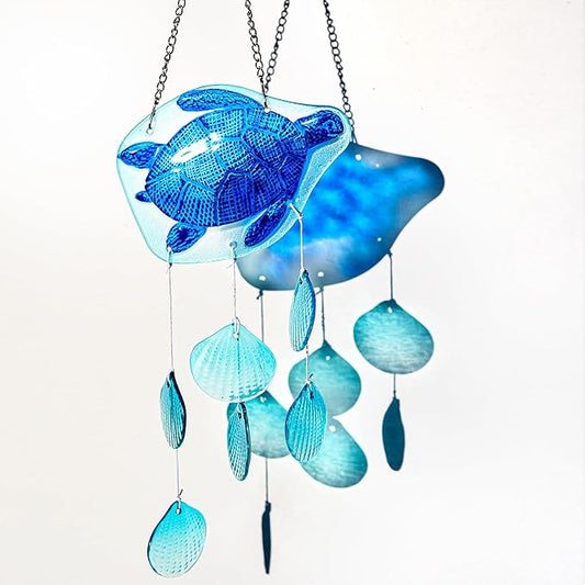 H&D HYALINE & DORA 20 Inch Glass Sea Turtle Wind Chimes Blown Glass Seashell Wind Chimes for Outside Handmade Wind Chime Decorative for Living Room, Bedroom, Beach House