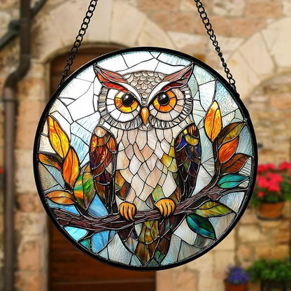 DASTOLL Stained Glass Window Hanging, Owl Colorful Leaves Birds Sun Catchers Diamond Glass Panel Hangings Suncatcher Decor for Birthday for Women, Men, Wife, Aunt, and Mom 9.8 in