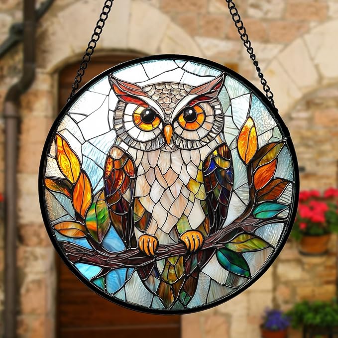 DASTOLL Stained Glass Window Hanging, Owl Colorful Leaves Birds Sun Catchers Diamond Glass Panel Hangings Suncatcher Decor for Birthday for Women, Men, Wife, Aunt, and Mom 7.8 in