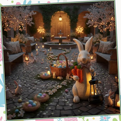 Retisee Solar Easter Garden Statue Resin Garden Bunny Statue with Carrots LED Lights Outdoor Bunny Solar Light Figurine Decoration for Yard Patio Lawn Gift for Easter Spring Holiday Outdoor Decor