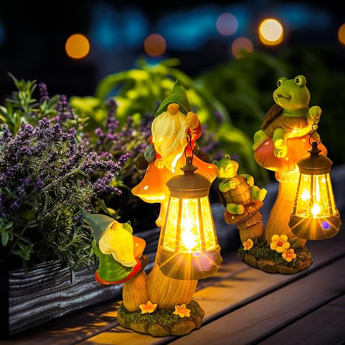 YUETJIN Funny Garden Gnomes Outdoor Climbing on Mushroom with Holding a Solar LED Lantern Resin Mushroom Statue for Patio Yard Lawn Porch Decor