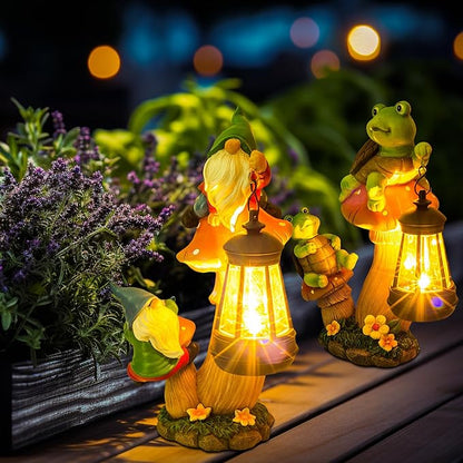 YUETJIN Funny Garden Gnomes Outdoor Climbing on Mushroom with Holding a Solar LED Lantern Resin Mushroom Statue for Patio Yard Lawn Porch Decor