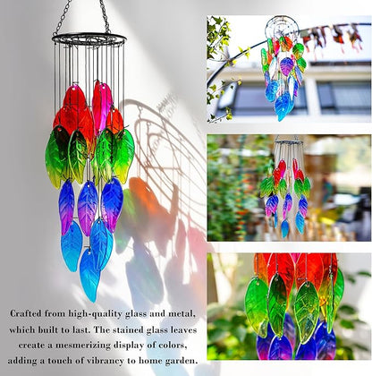 18'' Stained Glass Leaves Wind Chimes for Outside Unique Rainbow Leaves Forest Windchimes Outdoor Decoration Garden Decor