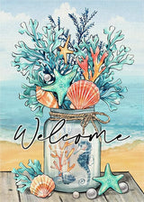 Welcome Summer Mason Jar Decorative Garden Flag, Beach Coastal Coral Starfish Shell Sea Horse Yard Outside Decorations, Nautical Seasonal Burlap Outdoor Small Home Decor Double Sided 12 x 18