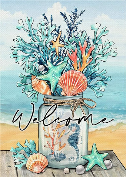Welcome Summer Mason Jar Decorative Garden Flag, Beach Coastal Coral Starfish Shell Sea Horse Yard Outside Decorations, Nautical Seasonal Burlap Outdoor Small Home Decor Double Sided 12 x 18
