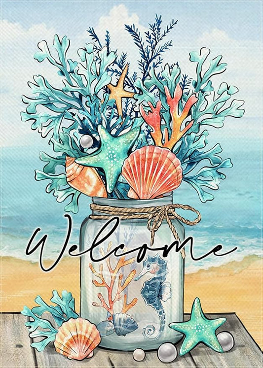 Welcome Summer Mason Jar Decorative Garden Flag, Beach Coastal Coral Starfish Shell Sea Horse Yard Outside Decorations, Nautical Seasonal Burlap Outdoor Small Home Decor Double Sided 12 x 18