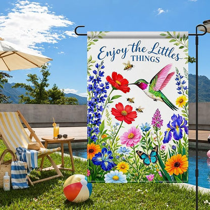 IVN Hummingbird Garden Flag 12x18 Inch – Enjoy the Little Things Floral Outdoor Flag, Double Sided Burlap Spring Summer Yard Flag for Porch Lawn Patio Decor