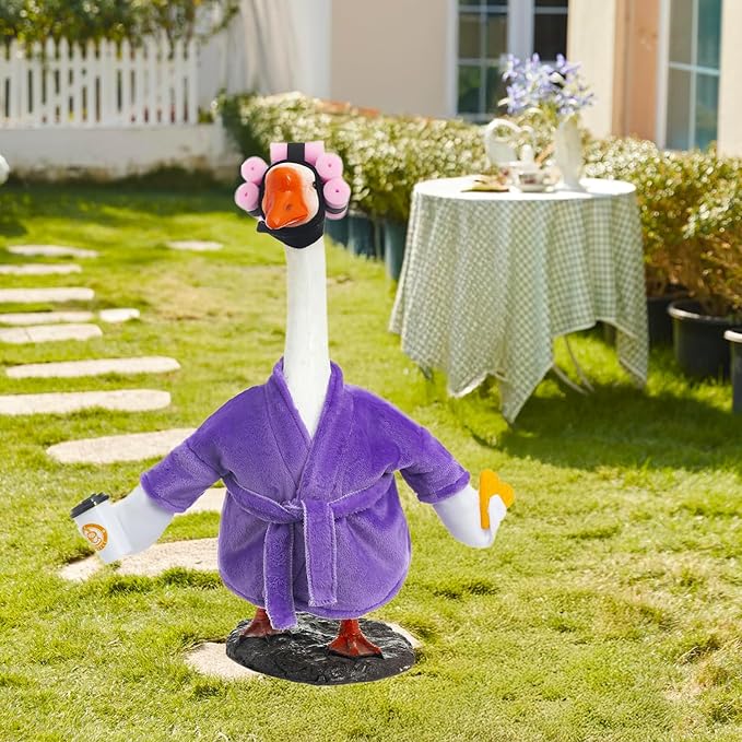 Porch Goose Outfit Fall Costume for 23'' Cement Goose Statue Winter Porch Goose Clothes Mamma Robe Self Care Outfit with Bathrobe Coffee Curlers for Outdoor Garden Yard Lawn Patio Decoration(Purple)