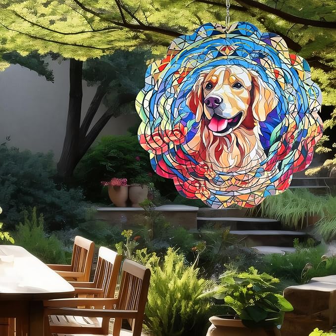 Wind Spinner Mandala 12 inch 3D Stainless Steel Laser Cut Metal Art Geometric Pattern Hanging Wind Spinner (Dog)